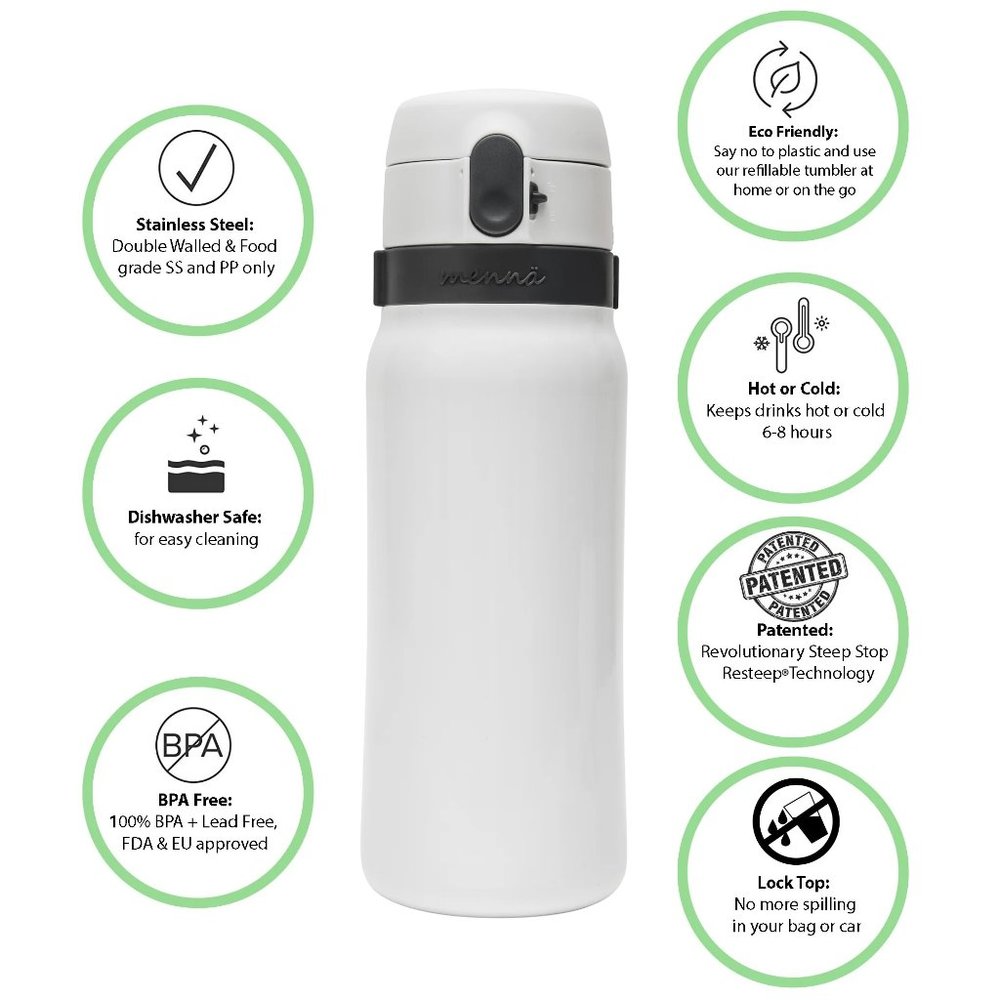 Mennä One, Start & Stop Steeping Infuser Lock Top Travel Mug, 12 oz - New in box